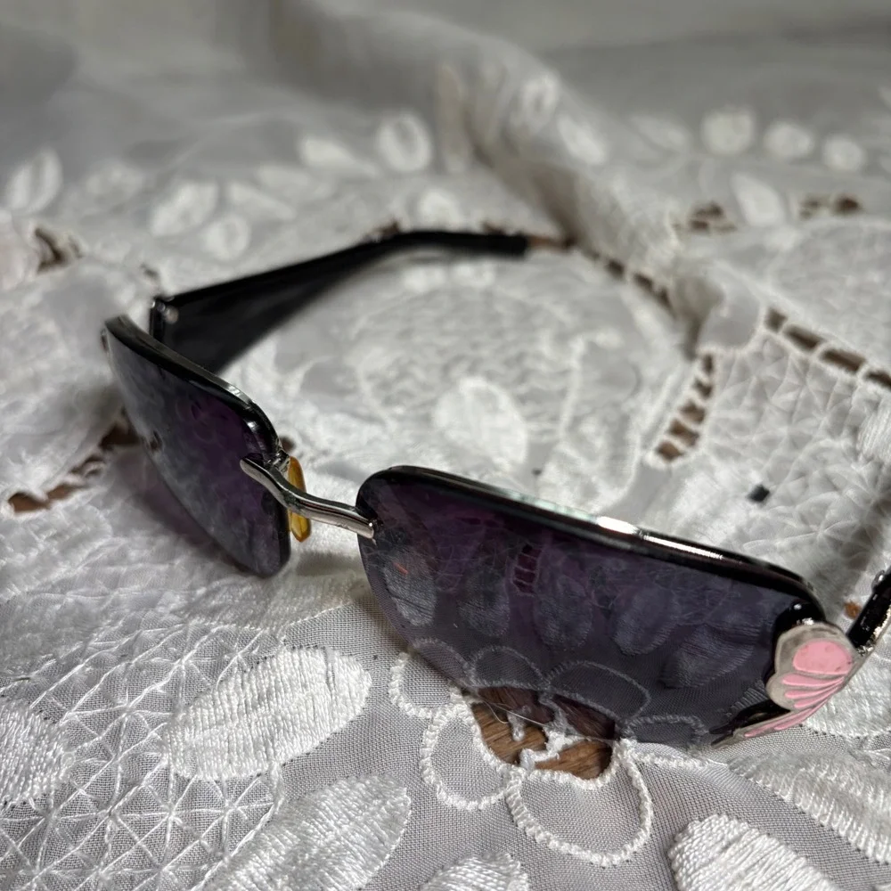 Vintage Y2K Rimless Butterfly Sunglasses Purple Gradient Lens Pink Enamel